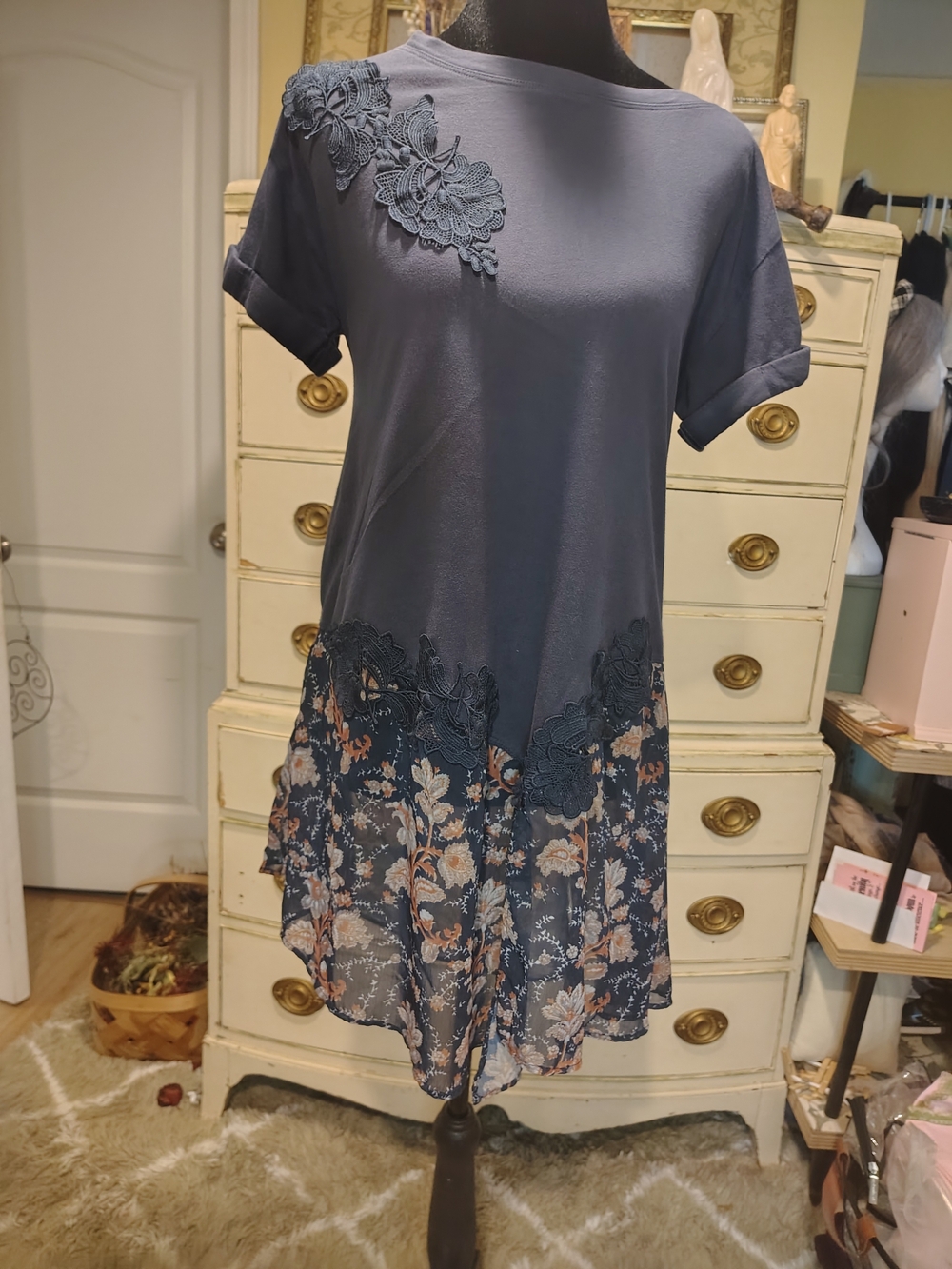 Navy Floral Lace Hi‑Low Tunic Dress